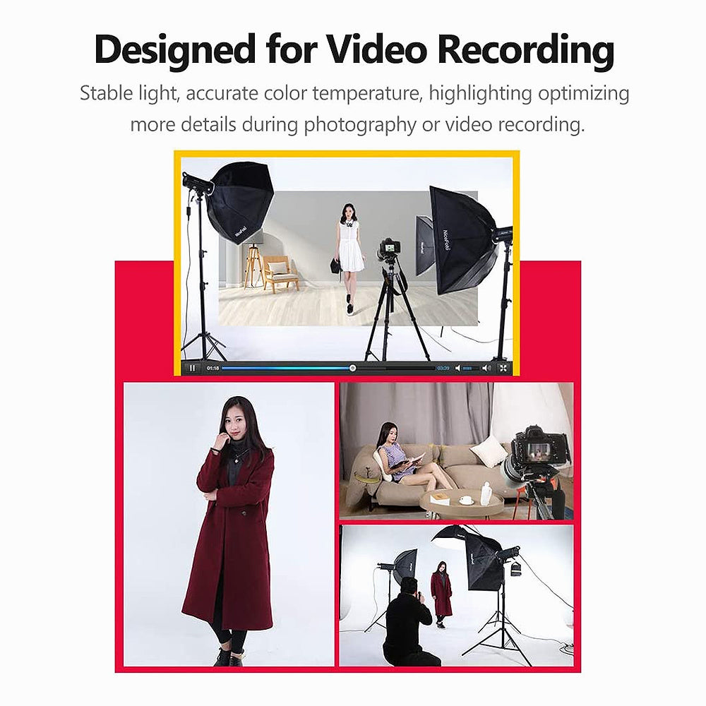 Promotional graphic for a video recording light kit, featuring a large central inset showing a studio setup with softboxes, a camera on a tripod, and a model in a white dress, plus three smaller photos below showing lifestyle and shooting scenes. Text at the top reads 'Designed for Video Recording' with descriptive copy about stable light and accurate color temperature.