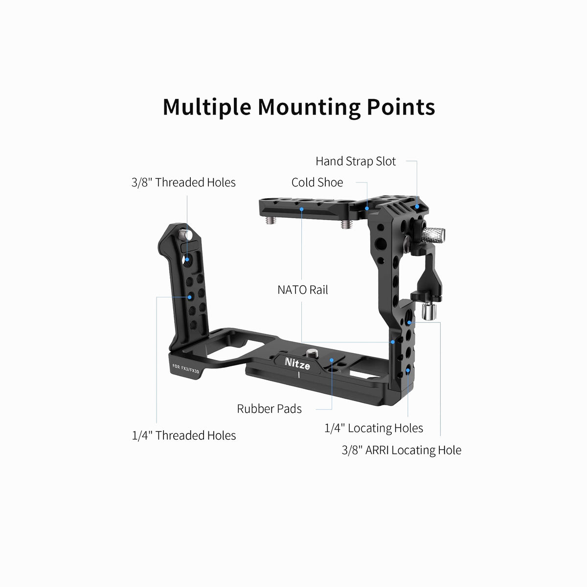 Nitze Cage for Sony FX30 / FX3 with HDMI Cable Clamp and Built-in Acra QR Plate T-S10B