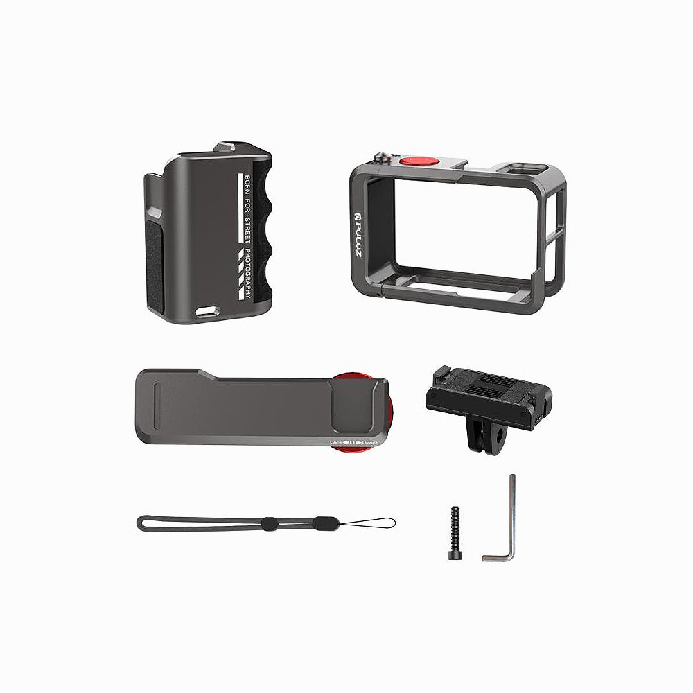 DJI Osmo Action 5 Pro / 4 / 3 PULUZ Metal Camera Cage Expansion Adapter with Handle Grip (Titanium)-PU1058TS