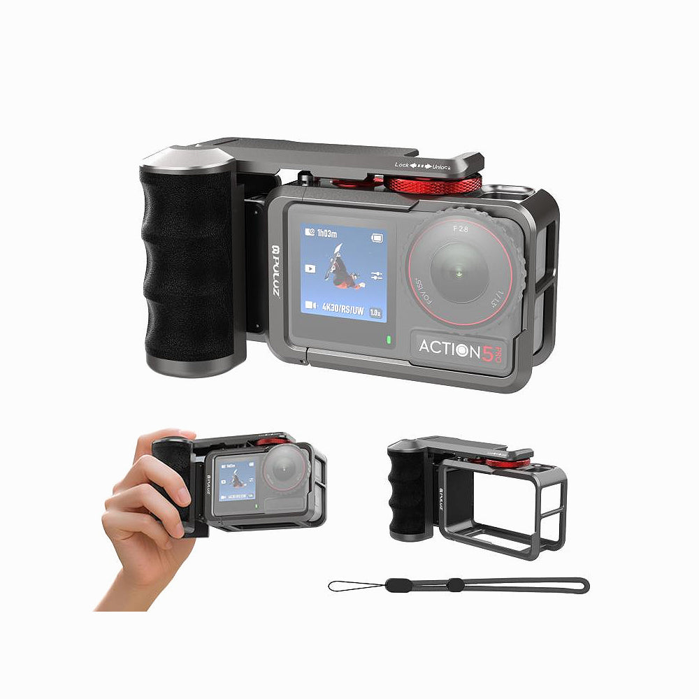 DJI Osmo Action 5 Pro / 4 / 3 PULUZ Metal Camera Cage Expansion Adapter with Handle Grip (Titanium)-PU1058TS