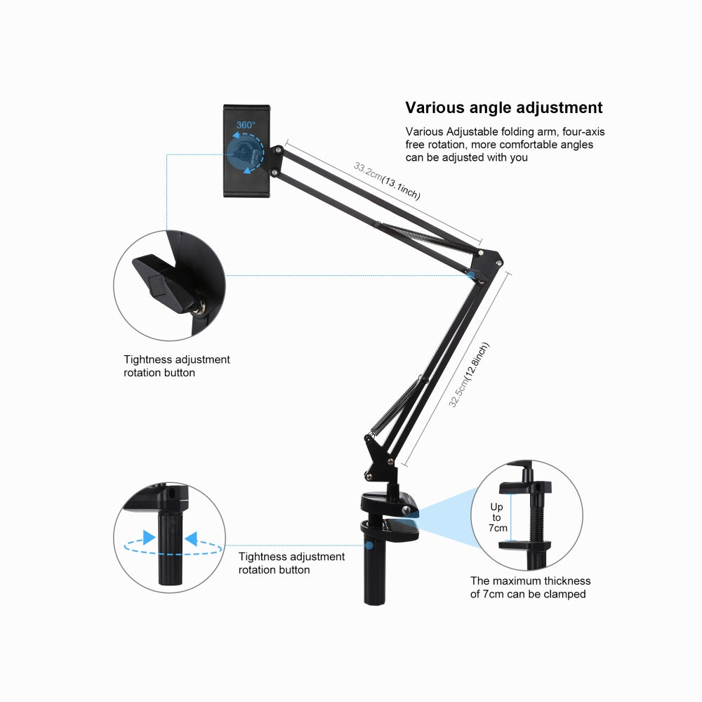 PULUZ Live Broadcast Desktop Arm Stand Suspension Clamp Holder with Tablet PC Clamp (Black)PU535B