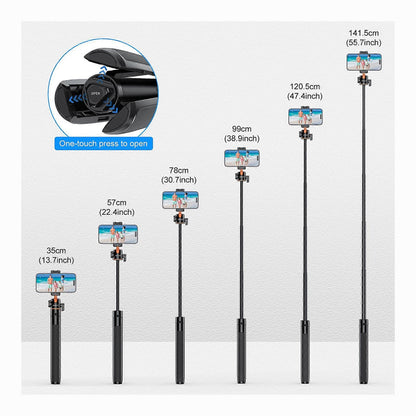 PULUZ 1.4m Phone Selfie Stick Tripod Vlog Live Streaming Holder with Phone Clip (Black)-PU730B