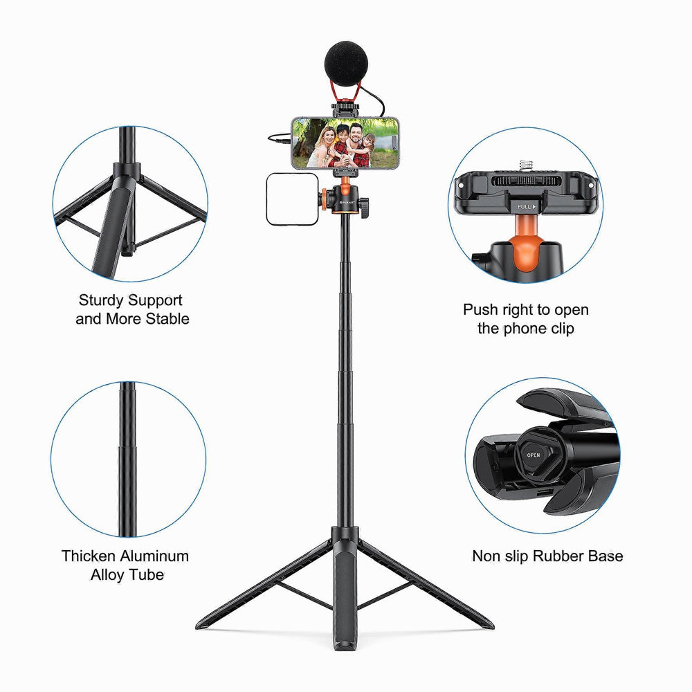 PULUZ 1.4m Phone Selfie Stick Tripod Vlog Live Streaming Holder with Phone Clip (Black)-PU730B