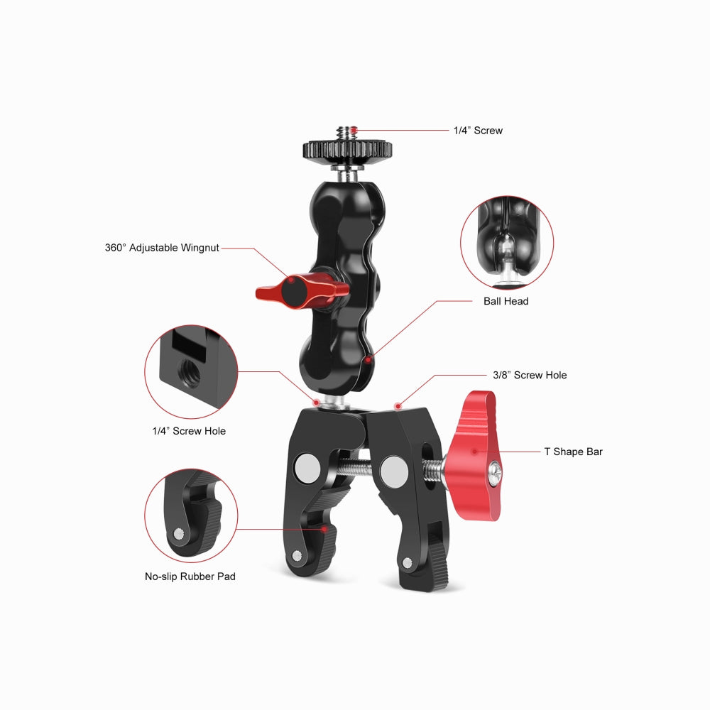 PULUZ Multi-function Magic Arm Ball Mount Clamp Crab Pliers Clip (Red)-PU3079R