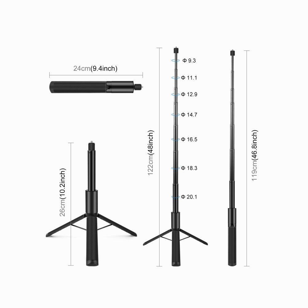 PULUZ 1.22m Retractable Invisible Selfie Stick with Tripod for Insta360 X5/X4 / X4 Air / X3 (Black)-PU497B