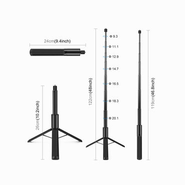 PULUZ 1.22m Retractable Invisible Selfie Stick with Tripod for Insta360 X5/X4 / X4 Air / X3 (Black)-PU497B