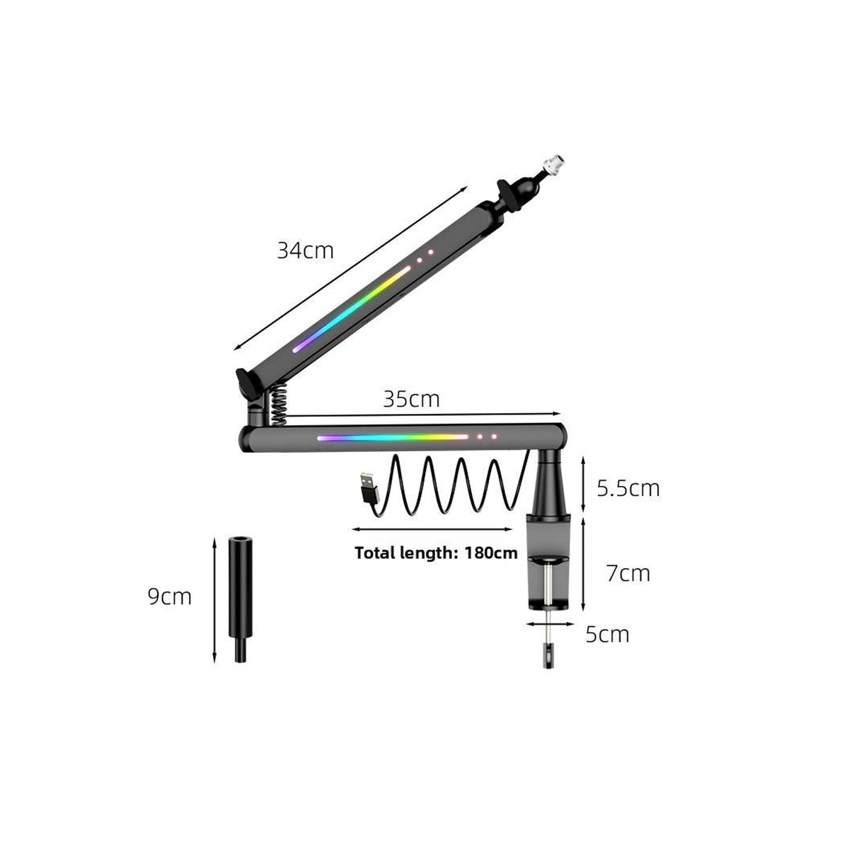 RGB Microphone Boom Arm with Controllable Lighting, Adjustable Low Profile Desk Clamp Mic Stand