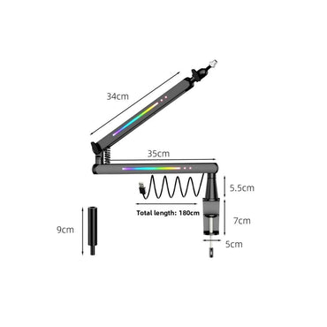 RGB Microphone Boom Arm with Controllable Lighting, Adjustable Low Profile Desk Clamp Mic Stand