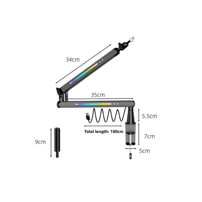 RGB Microphone Boom Arm with Controllable Lighting, Adjustable Low Profile Desk Clamp Mic Stand