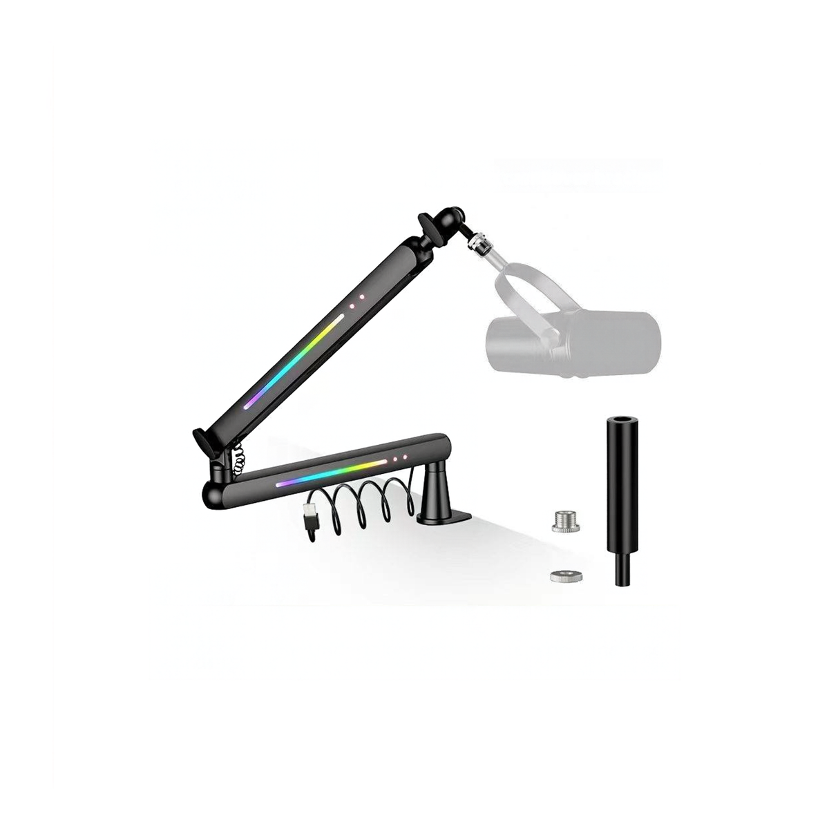 RGB Microphone Boom Arm with Controllable Lighting, Adjustable Low Profile Desk Clamp Mic Stand