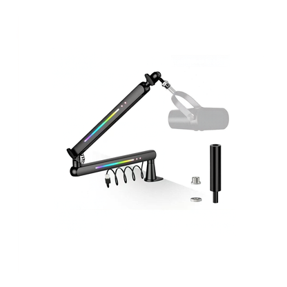 RGB Microphone Boom Arm with Controllable Lighting, Adjustable Low Profile Desk Clamp Mic Stand
