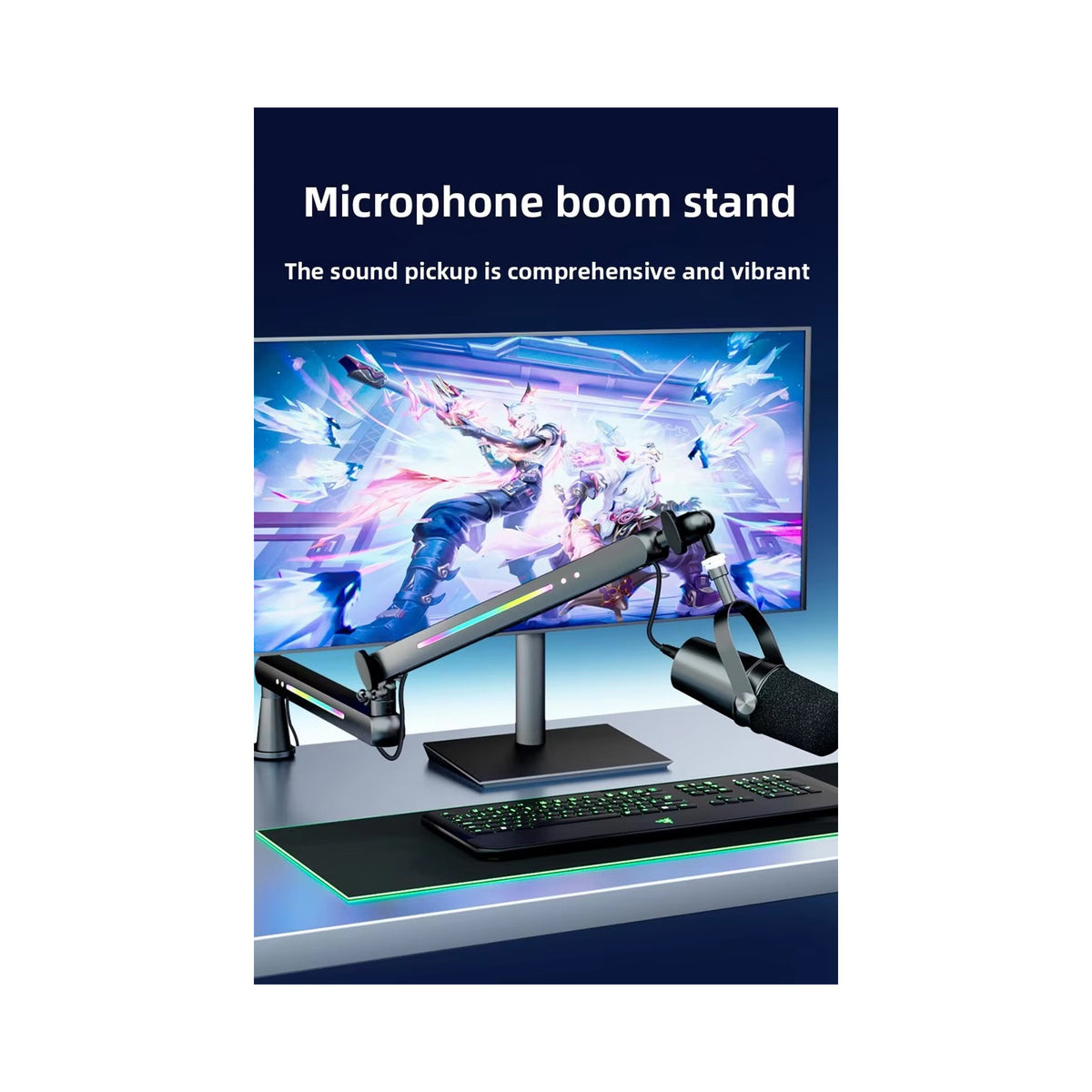 RGB Microphone Boom Arm with Controllable Lighting, Adjustable Low Profile Desk Clamp Mic Stand
