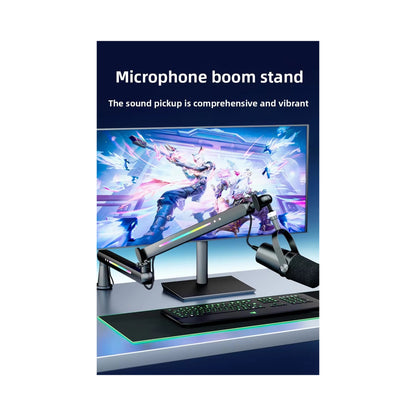 RGB Microphone Boom Arm with Controllable Lighting, Adjustable Low Profile Desk Clamp Mic Stand
