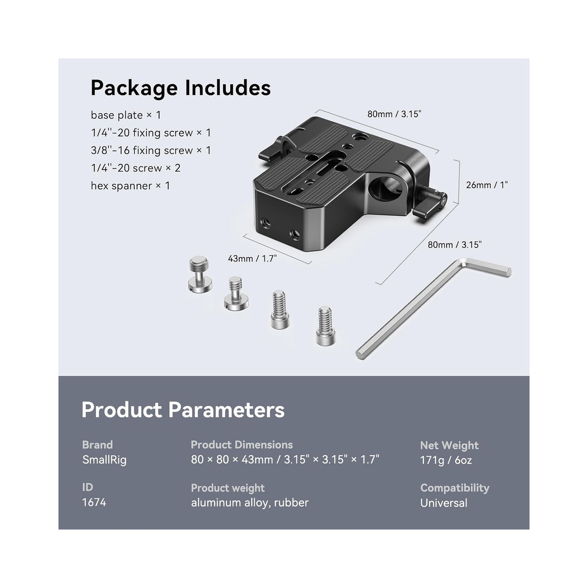 SMALLRIG Camera Baseplate with 15mm LWS Rod Rail Clamp-1674