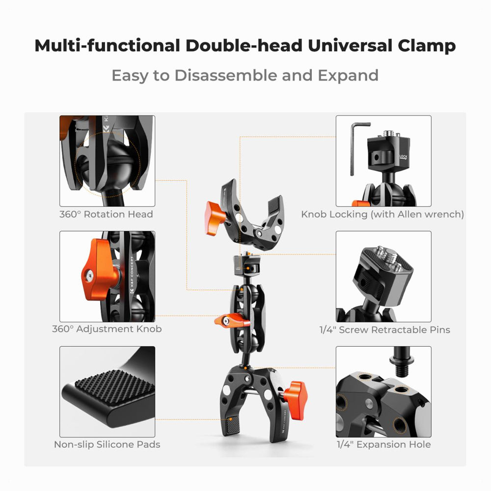 K&F Concept MS25 Super Clamp with Dual Ballhead Magic Arm (KF31.096)