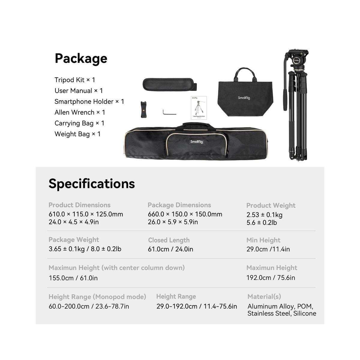 SmallRig CT210 Video Tripod with Fluid Head and Reversible Center Column-4475