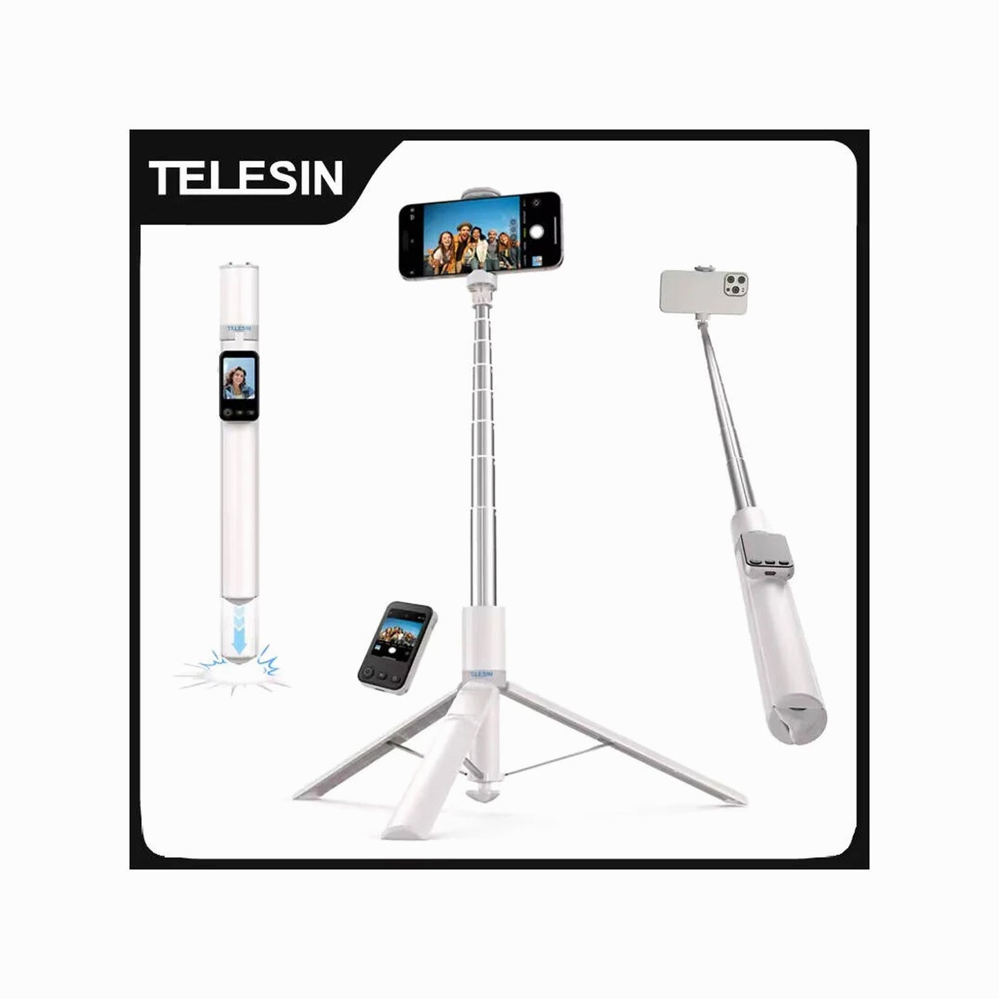 TELESIN 68-Inch 1.7M Projection Tripod & Selfie Stick for Smartphones – White