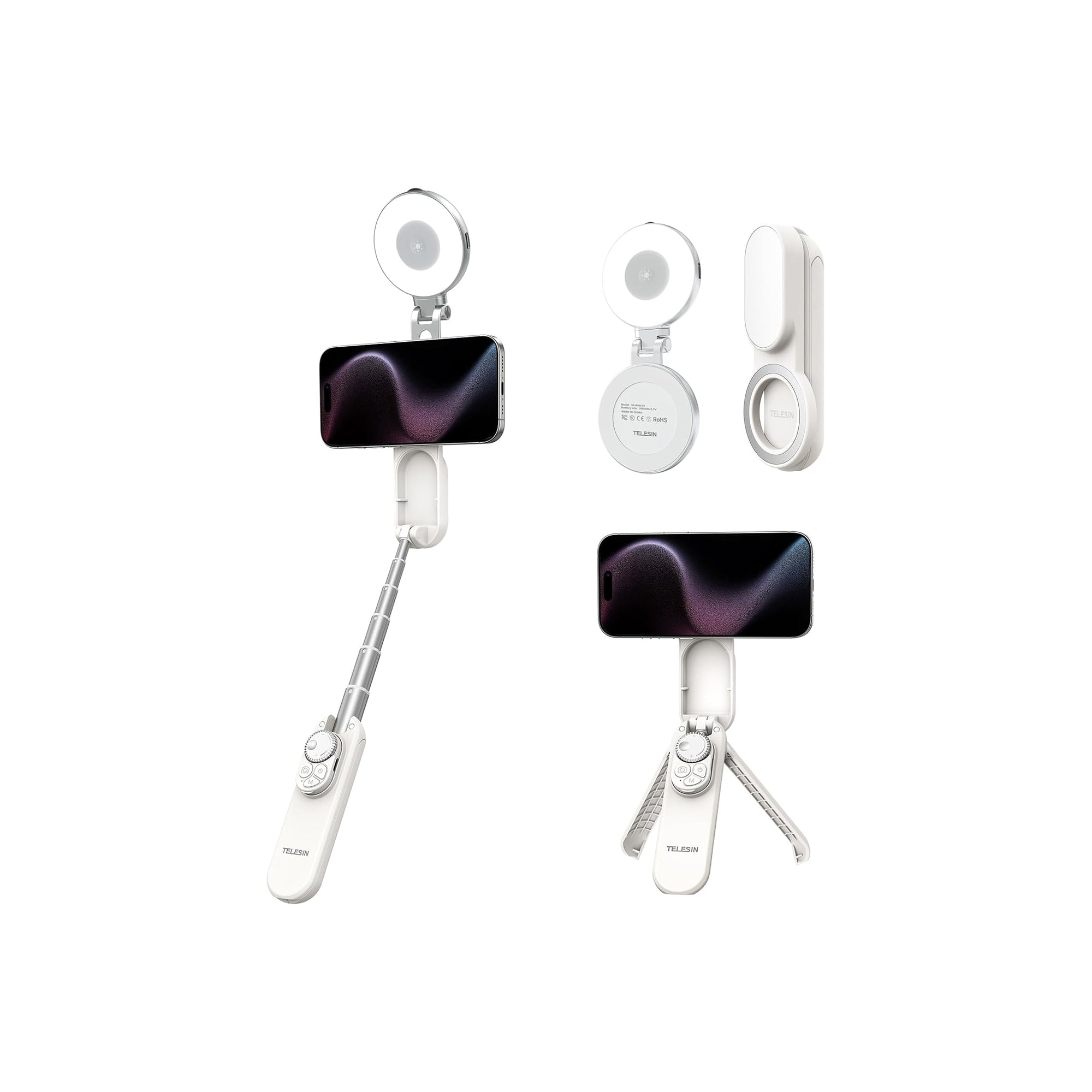 TELESIN Magnetic Selfie Stick Tripod with Selfie Light -P1-TSS-013