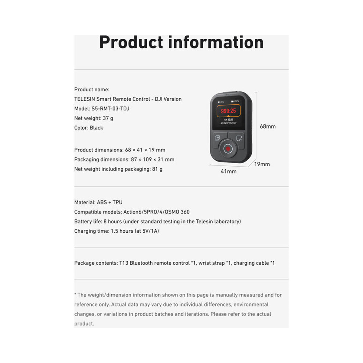 TELESIN T13 Bluetooth Remote Control for Select DJI Osmo Cameras