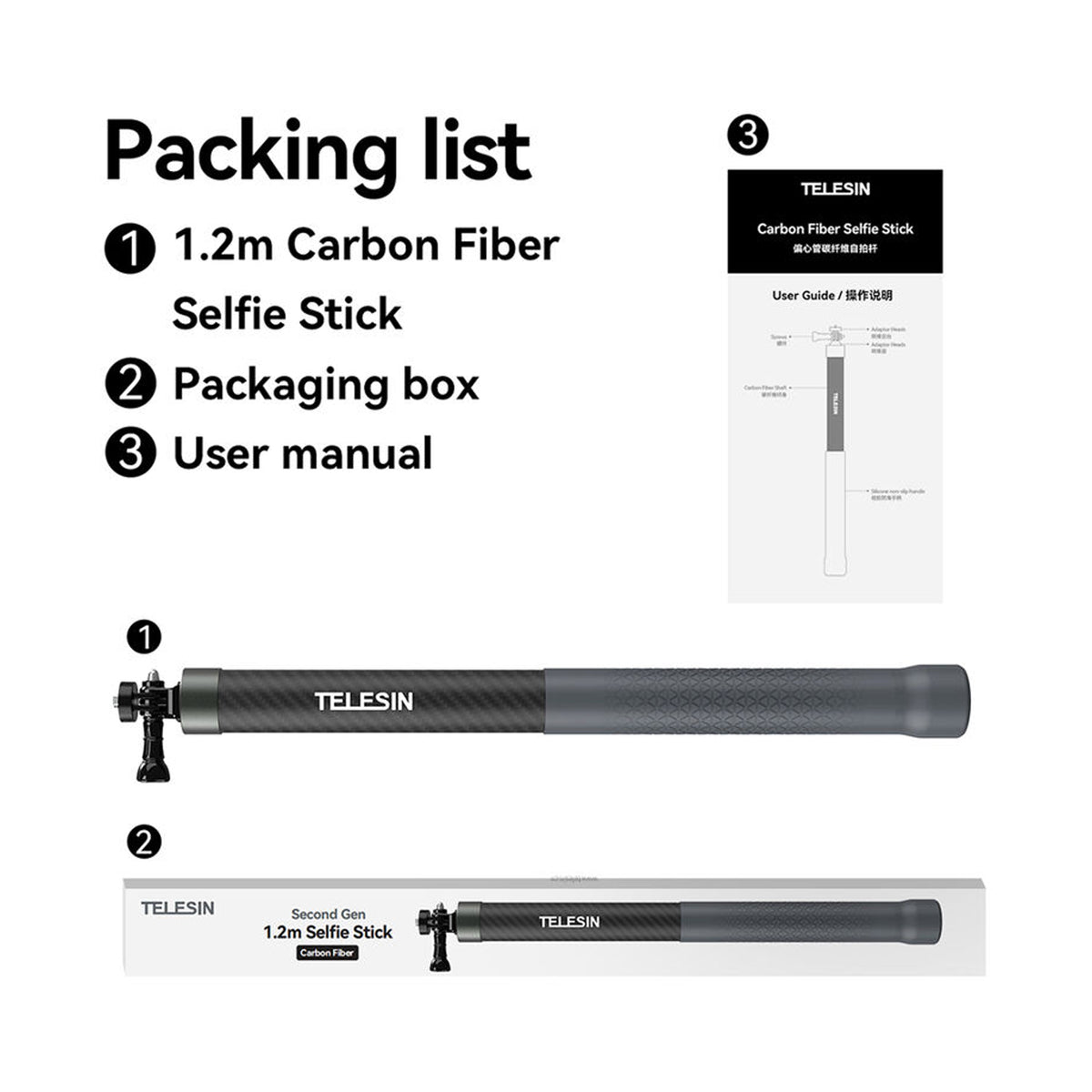 Telesin 1.2m Carbon fiber selfie stick(gp-mnp-002)
