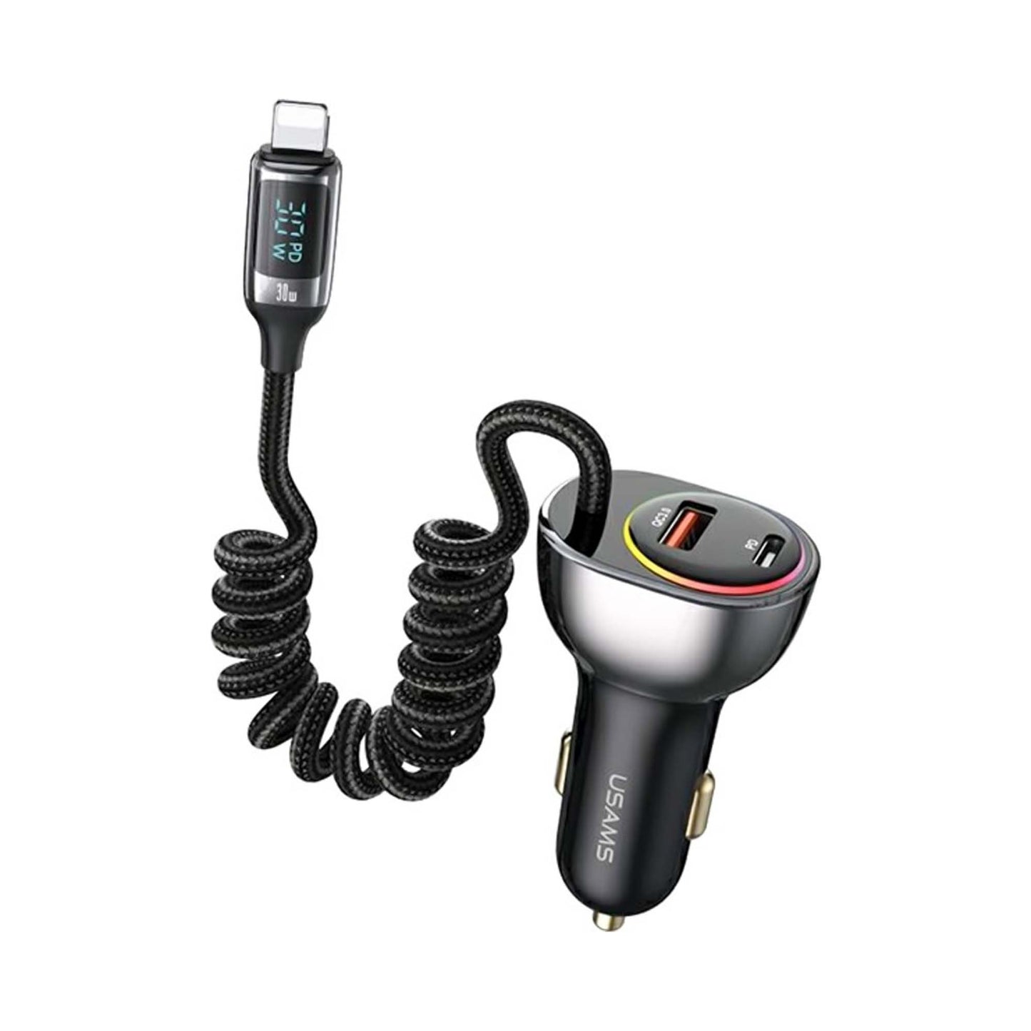 USAMS C37 60W A+C Digital Display Fast Car Charger with PD30W Lightning Spring(US-CC193)