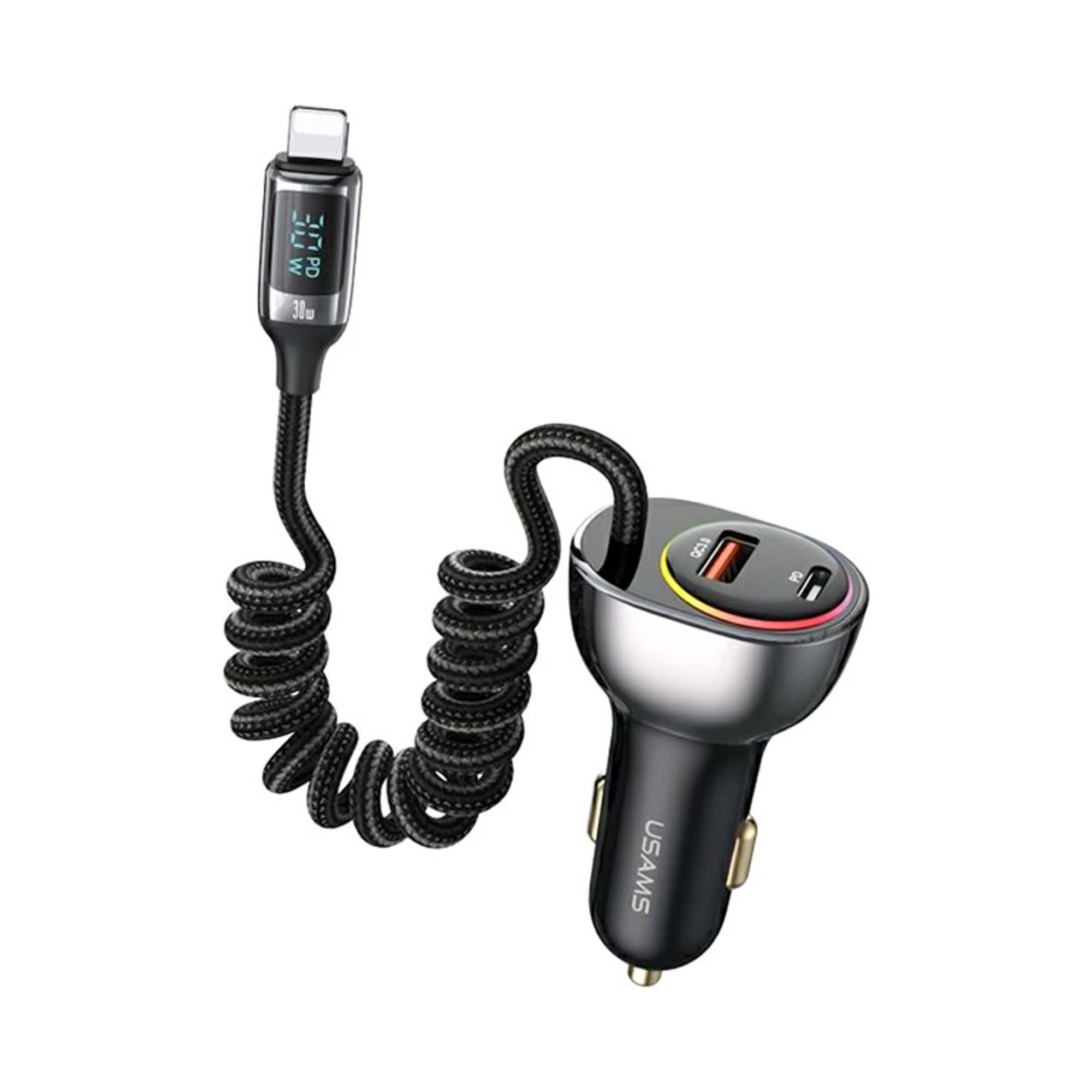 USAMS C37 60W A+C Digital Display Fast Car Charger with PD30W Lightning Spring(US-CC193)