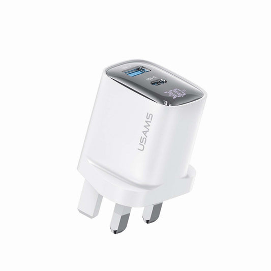 USAMS CC231 30W GaN Fast Wall Charger Adapter with Power Display, UK Plug - White