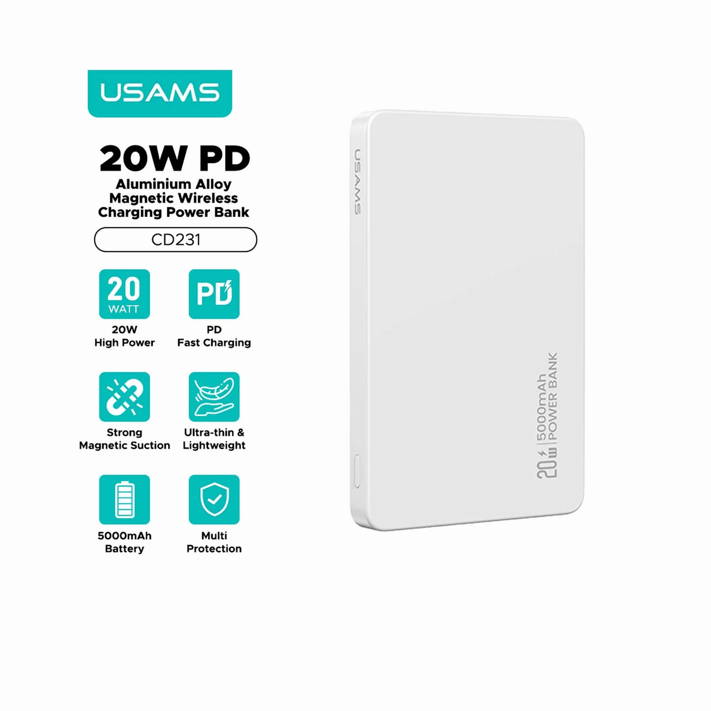 USAMS CD231 Portable Charger PD 20W Magnetic Wireless Power Bank 5000mAh Slim Battery Pack Charger - White