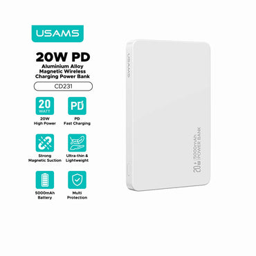 USAMS CD231 Portable Charger PD 20W Magnetic Wireless Power Bank 5000mAh Slim Battery Pack Charger - White