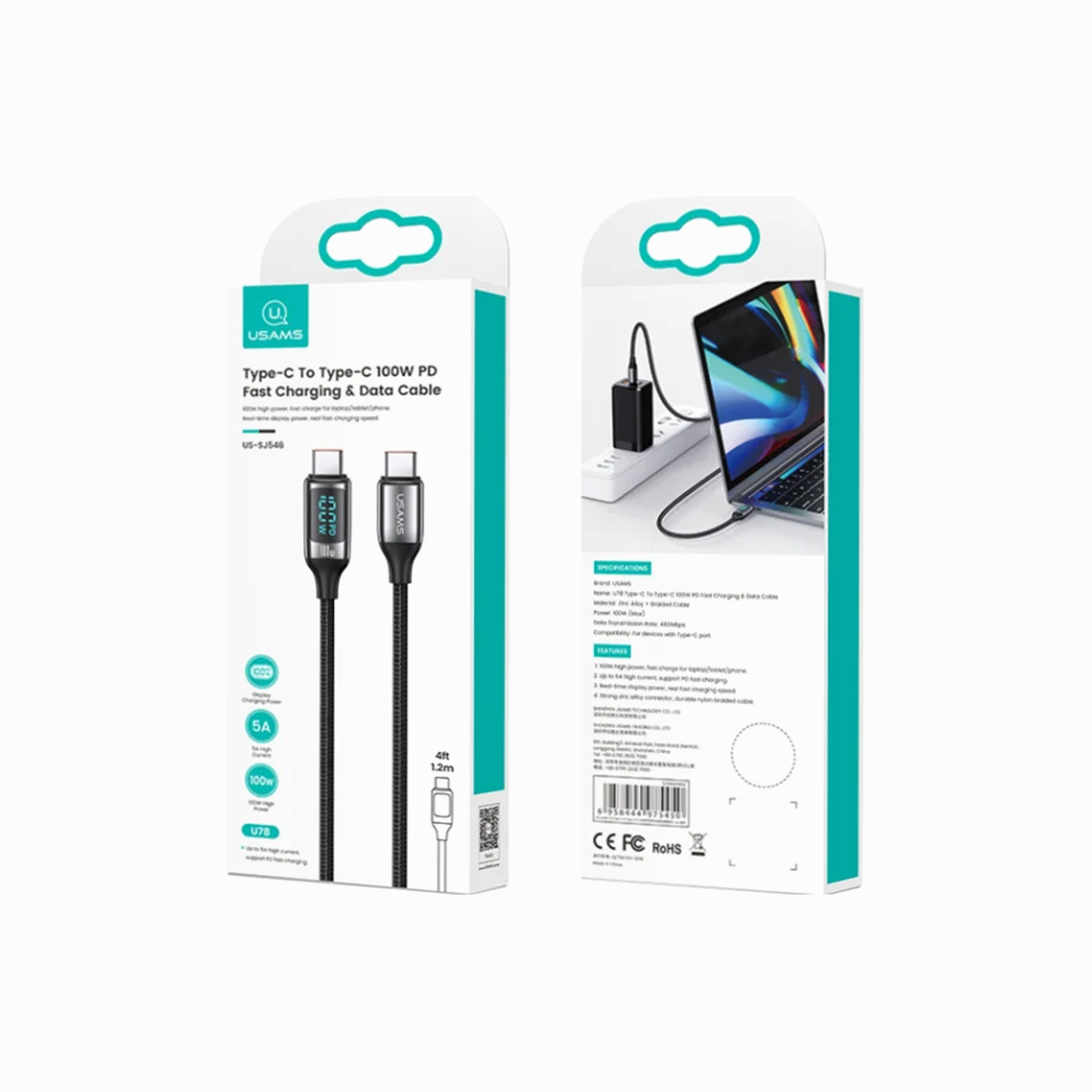 USAMS Cable USB-C to USB-C LED 1.2m 100W Fast Charging cable(US-SJ546)