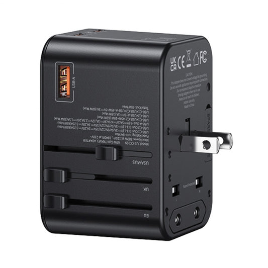 USAMS T62 UNIVESAL TRAVEL CHARGER US/AU/EU/UK 1XUSB, 2XUSB-C 65W BLACK(CC199TC01)