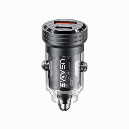 USAMS US-CC175 C35 45W Car Charger Aluminum Alloy Transparent USB-A+USB-C Mini Car Charger with Light - BlackCC175