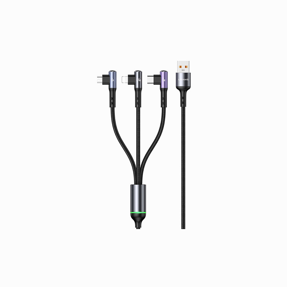 Usams 1.2-Meter 3-in-1 Right-Angle USB Type A to Multiple Types Fast Charging & Gaming Data Cable with 66W Multicolour US-SJ561