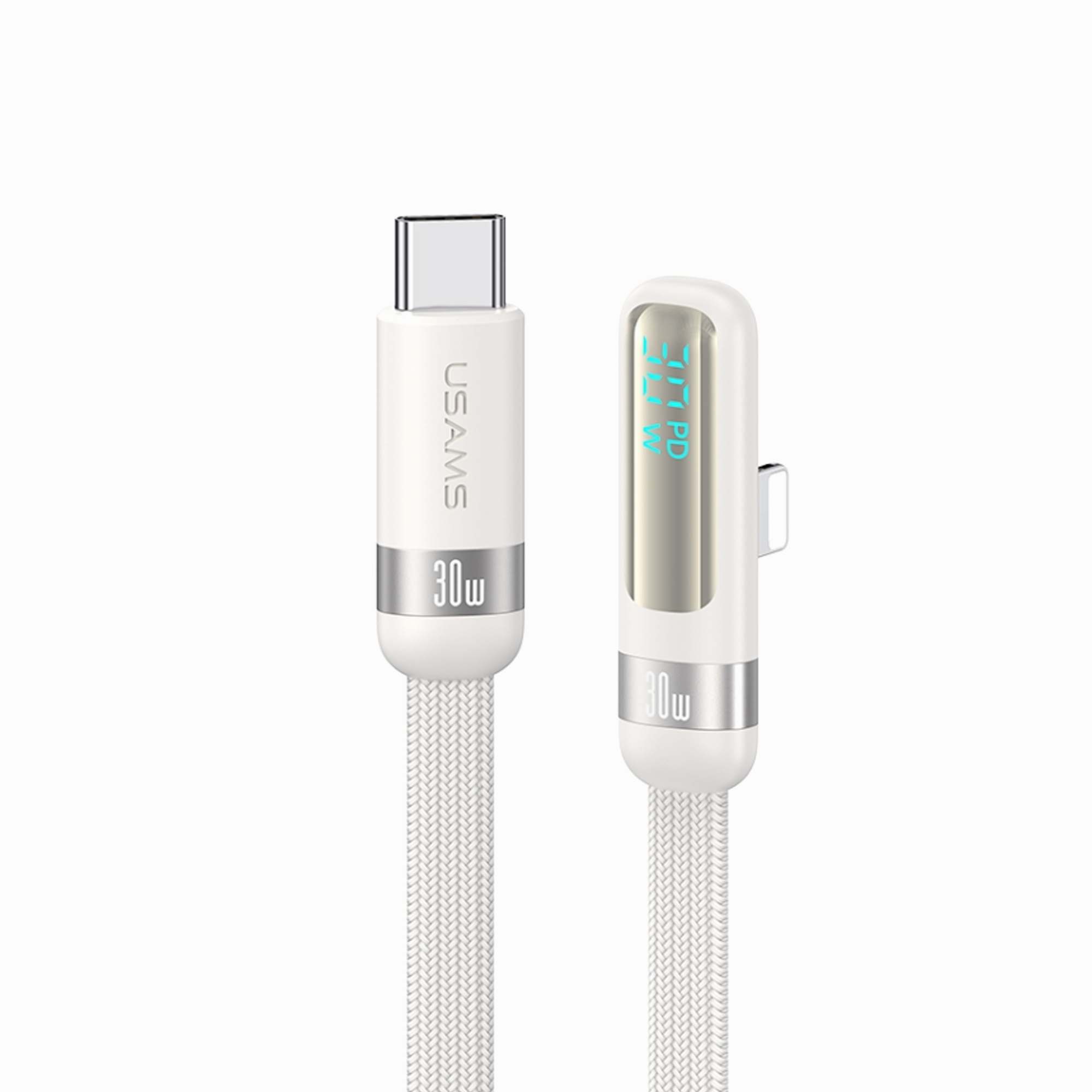 USAMS US-SJ652 PD30W Type-C To Lightning Digital Display Right-angle Fast Charging & Data Cable -wind series 1.2m white