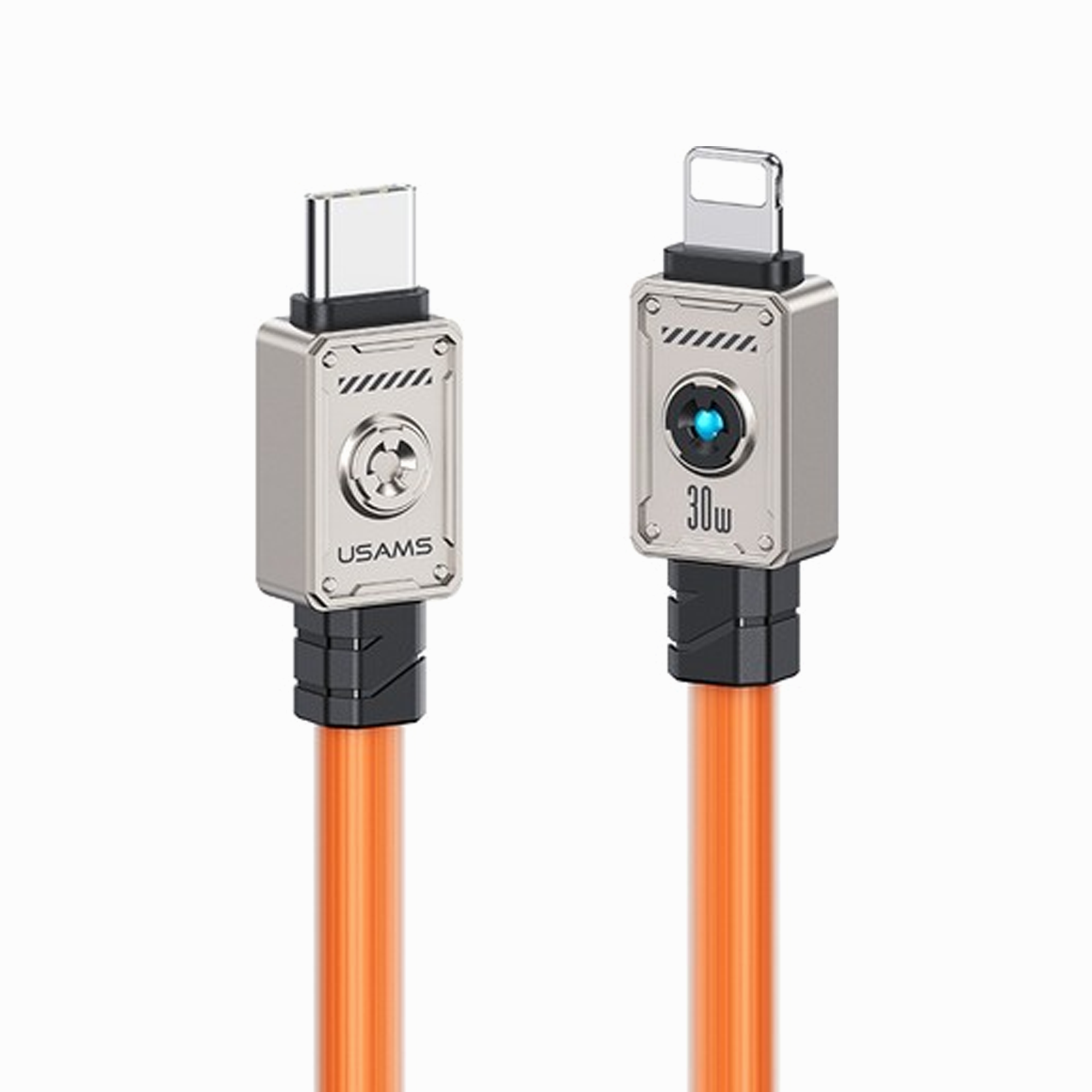 USAMS US-SJ685 Type-C To Lightning 30W Zine Alloy Fast Charging & Data Cable With Light -Mecha Series 1.2m Orange