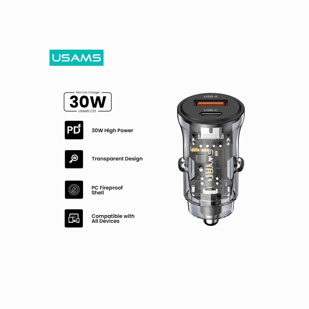 USAMS US-CC164 C32 30W Transparent Dual Port Mini Car Charger