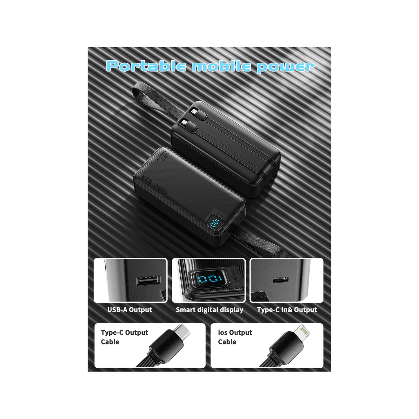 VEN-DENS VD-PB062 30,000mAh 22.5W Fast-Charging Power Bank with Built-In Cables