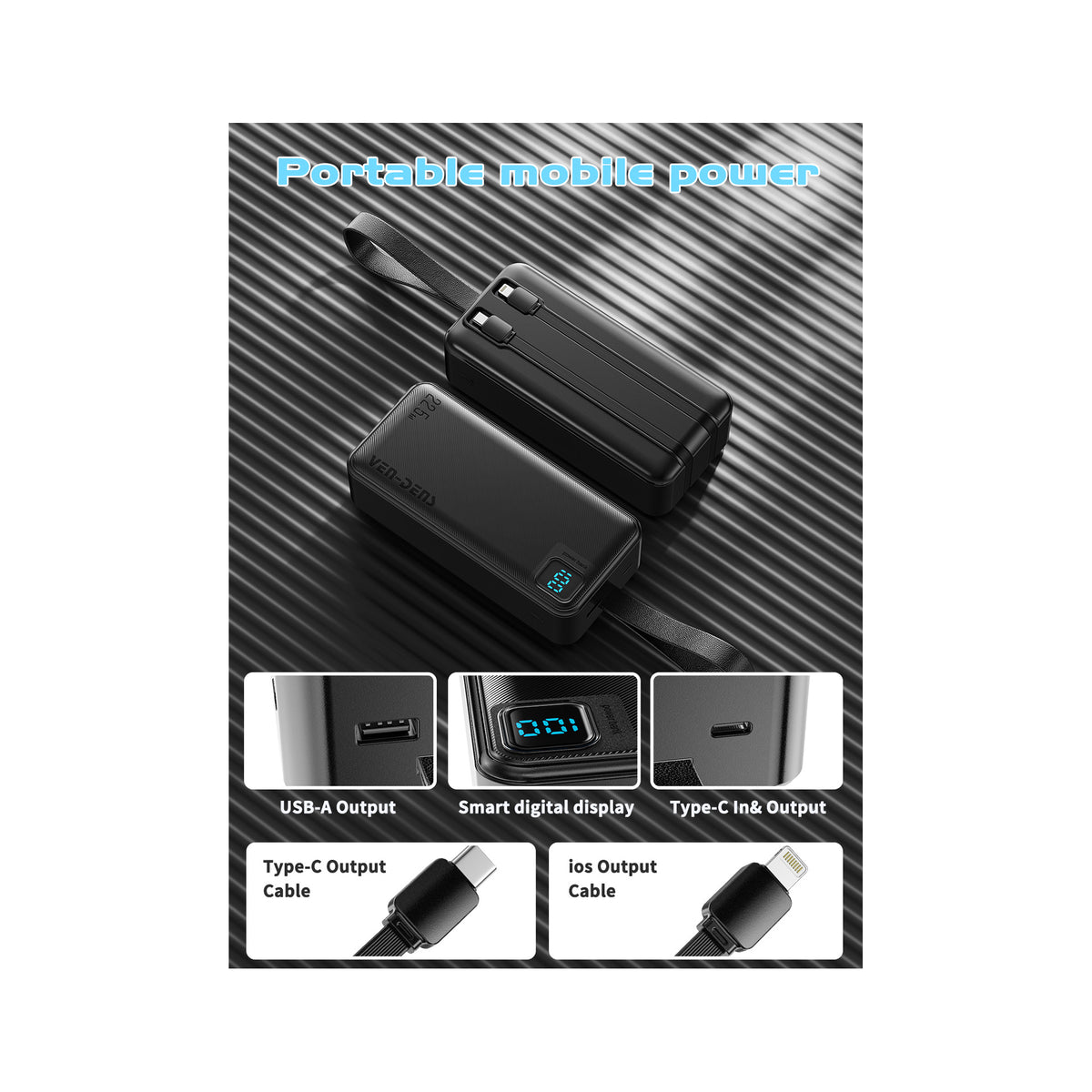 VEN-DENS VD-PB062 30,000mAh 22.5W Fast-Charging Power Bank with Built-In Cables