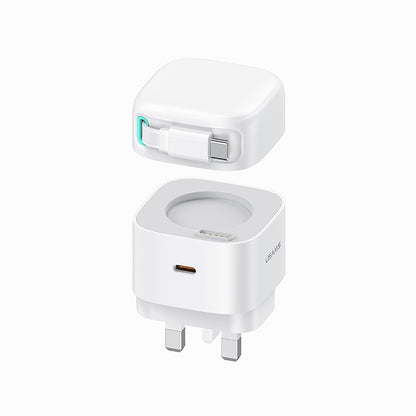 USAMS US-CC204 XMF Series PD 35W Dual Output GaN Fast Charger with Type-C Magnetic Retractable Cable Module, UK Plug - White