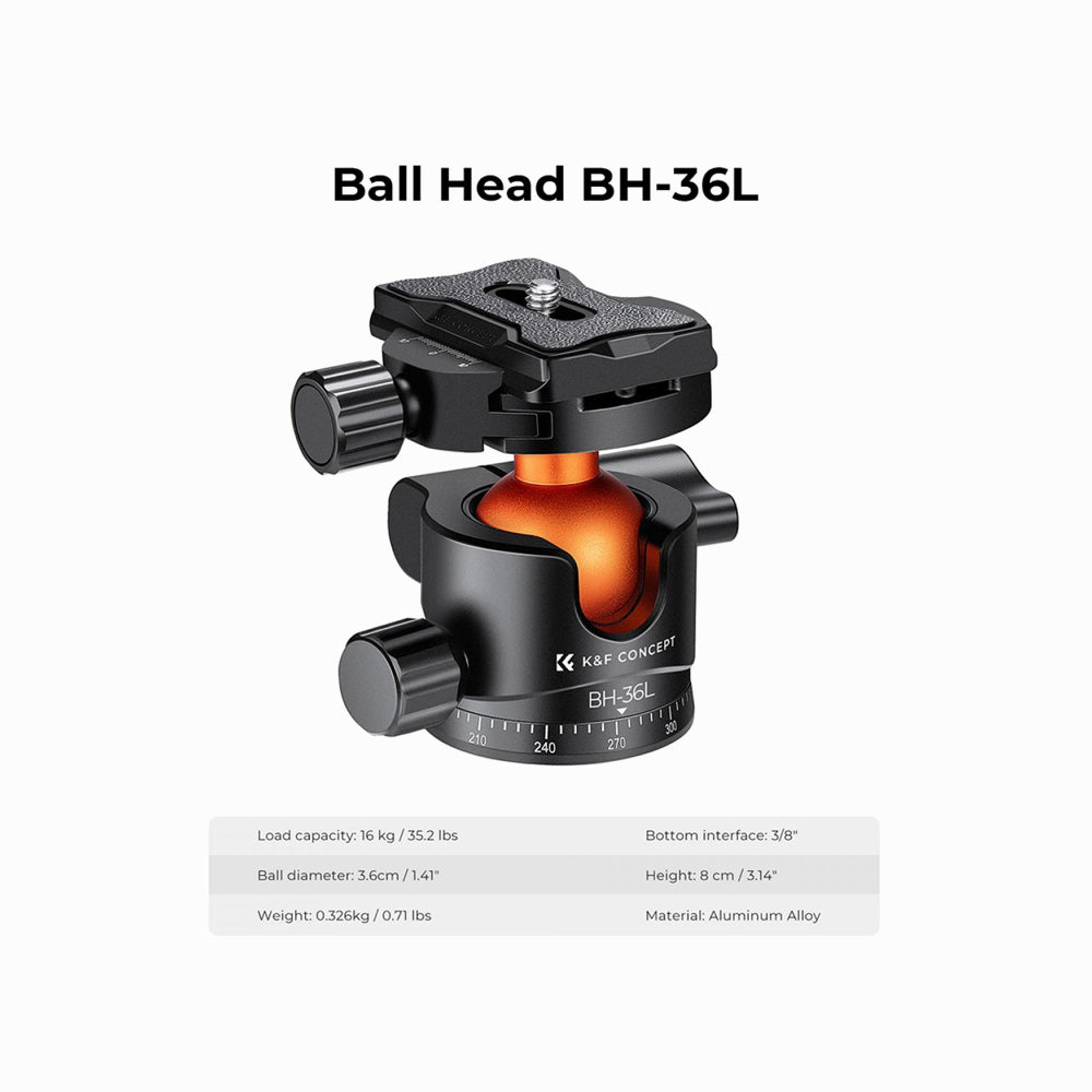 K&F Concept BH-36L 36mm Metal Tripod Ball Head 360 Degree Rotating Panoramic with 1/4-inch Quick Release Plate Bubble Level (KF31.044V1)