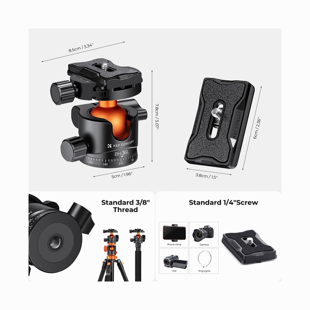 K&F Concept BH-36L 36mm Metal Tripod Ball Head 360 Degree Rotating Panoramic with 1/4-inch Quick Release Plate Bubble Level (KF31.044V1)