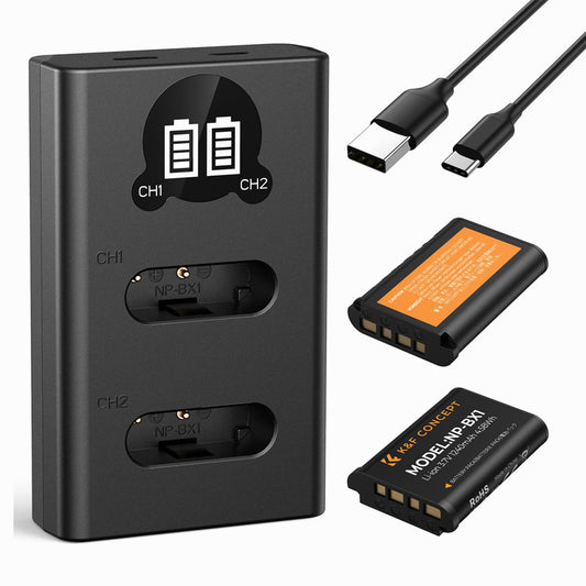 K&F Concept 2-Pack NP-BX1 Battery and Charger Set, Compatible with Sony ZV-1, ZV-1F, DSC-RX100, DSC-RX100 VII, RX100VA, RX100 VI, RX1R II, HX90V, HX50, WX350, AS100V, HX80, HX95, HX99(KF28.0044)