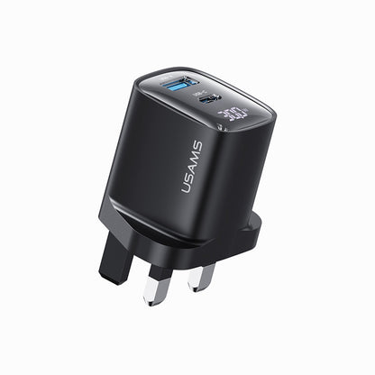 USAMS CC231 30W GaN Dual Port Fast Wall Charger Adapter, UK Plug - Black