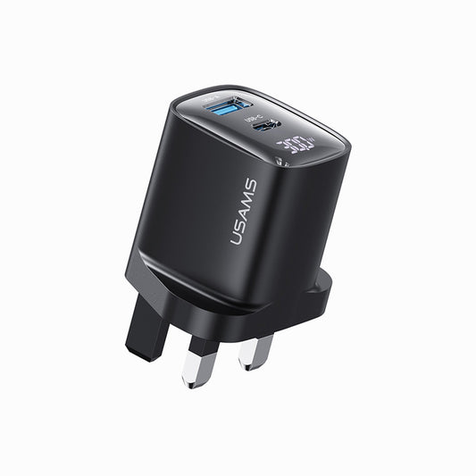 USAMS CC231 30W GaN Dual Port Fast Wall Charger Adapter, UK Plug - Black