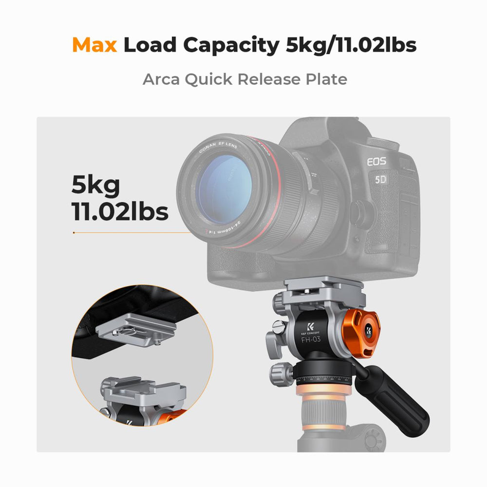 K&F Concept FH-03 Video Fluid Head Tripod Head Max Load 11lb/5kg, Silky-Smooth, Stable Tripod Fluid Head for pan and tilt,Arca Swiss-Compatible Fluid Head Mount (KF31.087)