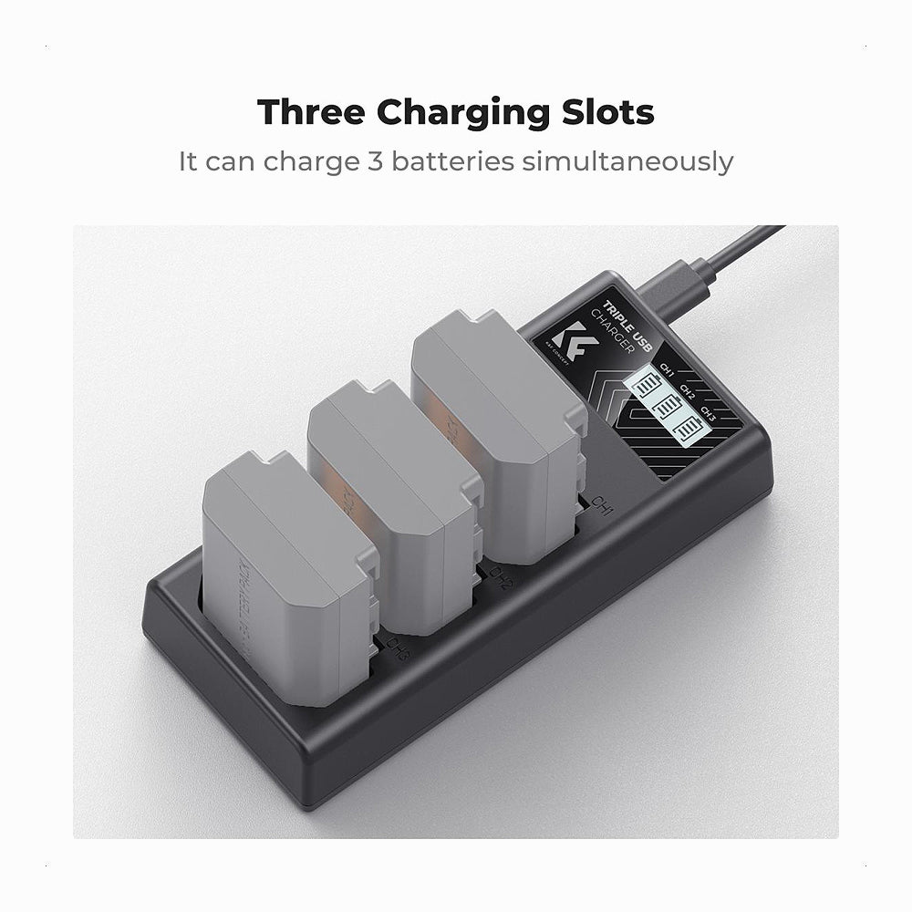 K&F Concept NP-FZ100 Charger, 3-Slot A7iii Battery Charger with LCD Display for Sony A7iii A7iv A7Rv A6700 A6600 A9 A1 FX3 FX30 ZV-E1 Cameras (KF28.0061)