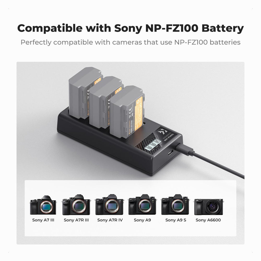 K&F Concept NP-FZ100 Charger, 3-Slot A7iii Battery Charger with LCD Display for Sony A7iii A7iv A7Rv A6700 A6600 A9 A1 FX3 FX30 ZV-E1 Cameras (KF28.0061)