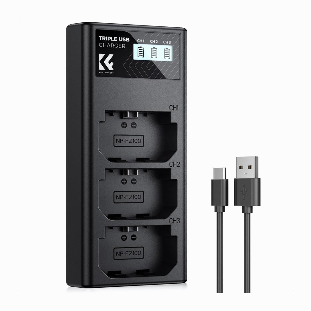 K&F Concept NP-FZ100 Charger, 3-Slot A7iii Battery Charger with LCD Display for Sony A7iii A7iv A7Rv A6700 A6600 A9 A1 FX3 FX30 ZV-E1 Cameras (KF28.0061)