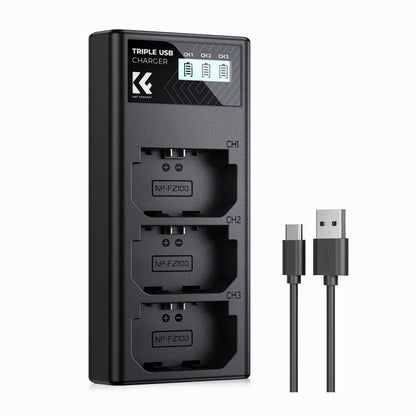K&F Concept NP-FZ100 Charger, 3-Slot A7iii Battery Charger with LCD Display for Sony A7iii A7iv A7Rv A6700 A6600 A9 A1 FX3 FX30 ZV-E1 Cameras (KF28.0061)