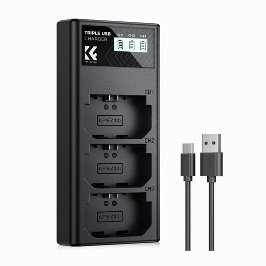 K&F Concept NP-FZ100 Charger, 3-Slot A7iii Battery Charger with LCD Display for Sony A7iii A7iv A7Rv A6700 A6600 A9 A1 FX3 FX30 ZV-E1 Cameras (KF28.0061)